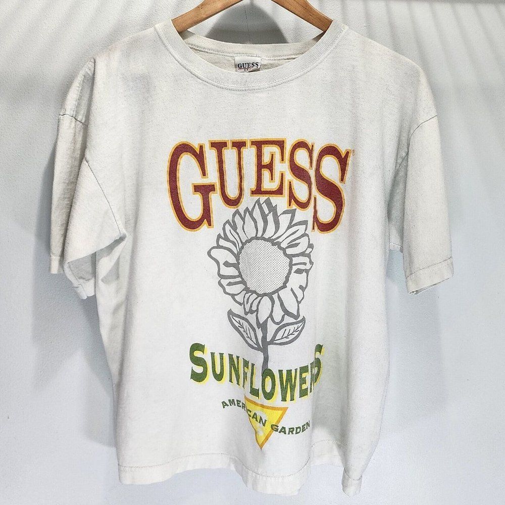 Guess Sunflower Vintage Garden Shirt White Single Stitch USA Rare OG Size Large - Picture 1 of 7